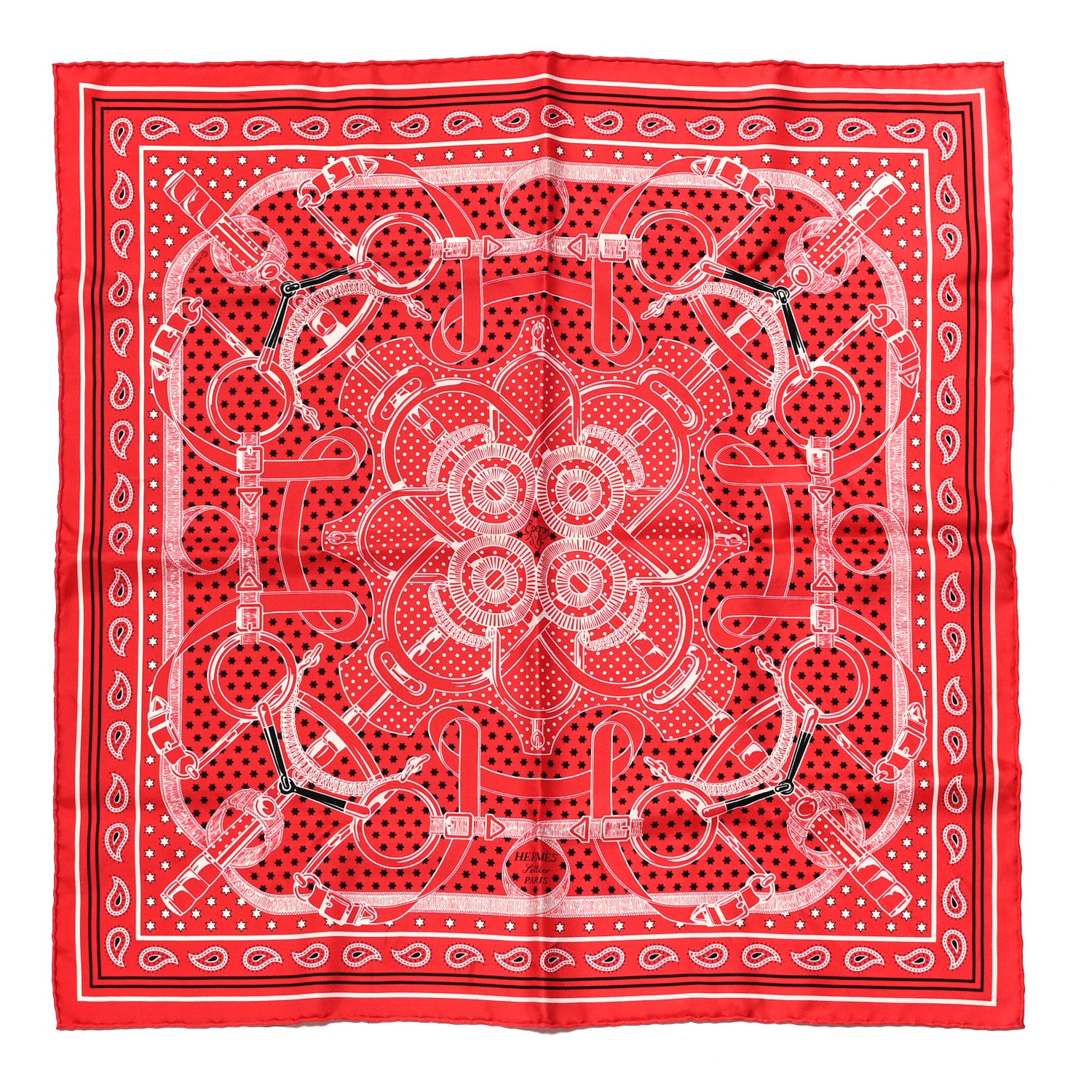 Hermes Silk Eperon D'Or Bandana Scarf 140 Rouge Black White 1 of 4