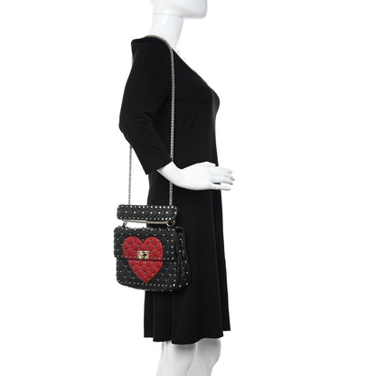 Valentino Garavani Nappa Quilted Medium Heart Rockstud Spike Shoulder Bag Black Red 2 of 11