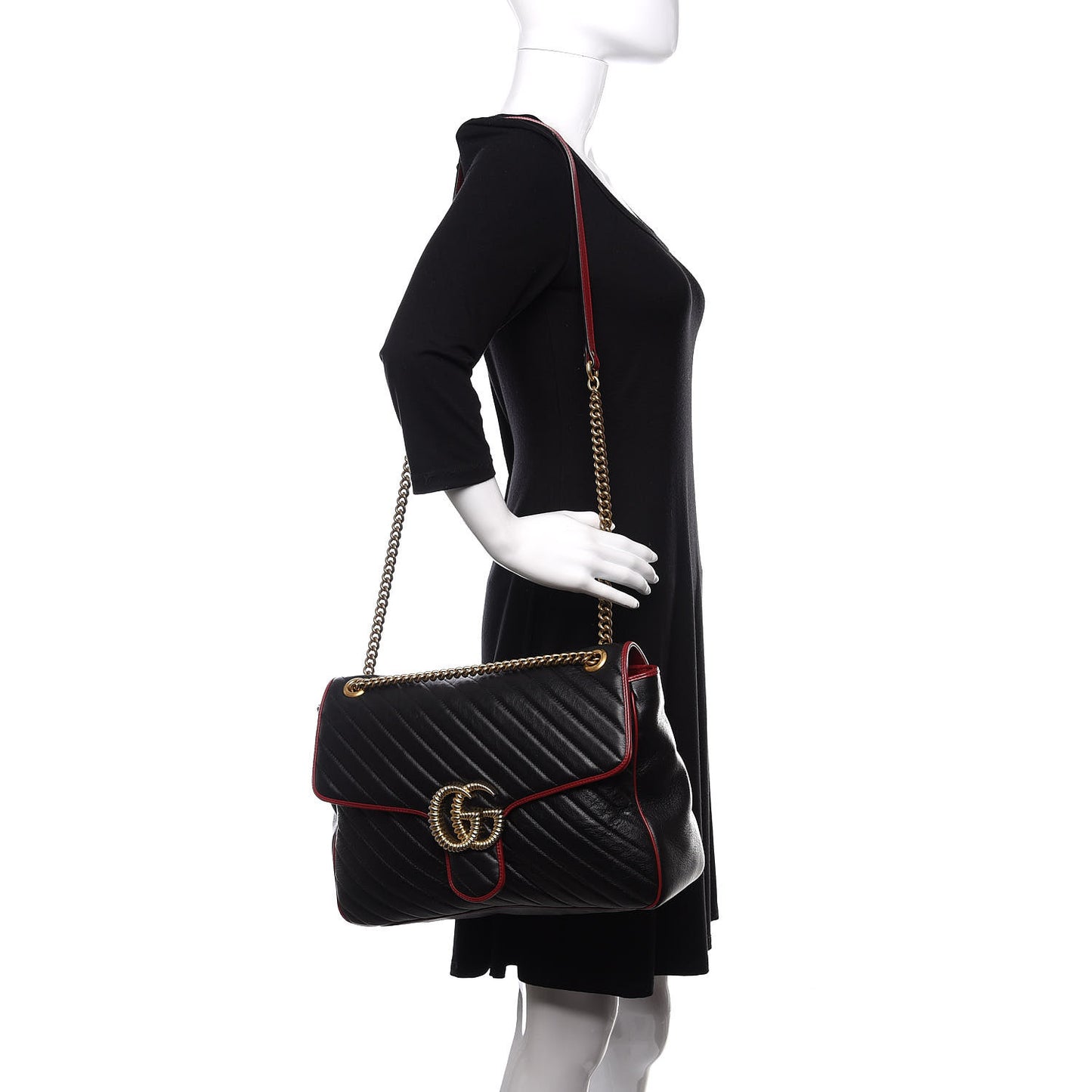 Vintage Effect Calfskin Matelasse Diagonal Large Torchon GG Marmont Shoulder Bag Black Romantic Cherry
