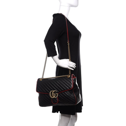 Gucci Vintage Effect Calfskin Matelasse Diagonal Large Torchon GG Marmont Shoulder Bag Black Romantic Cherry 2 of 10