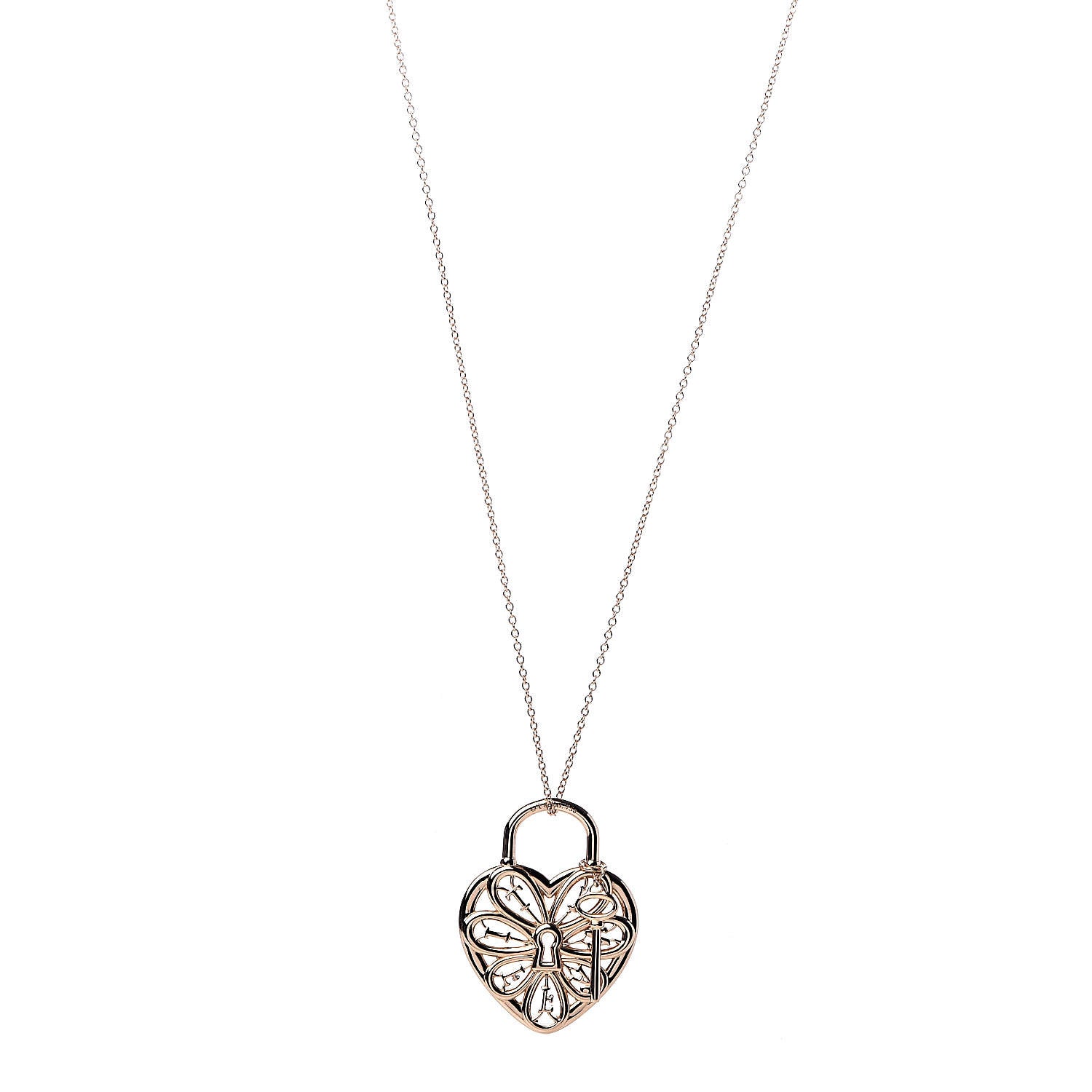 Tiffany 18K Rose Gold Filigree Heart Key Pendant Necklace 1 of 6