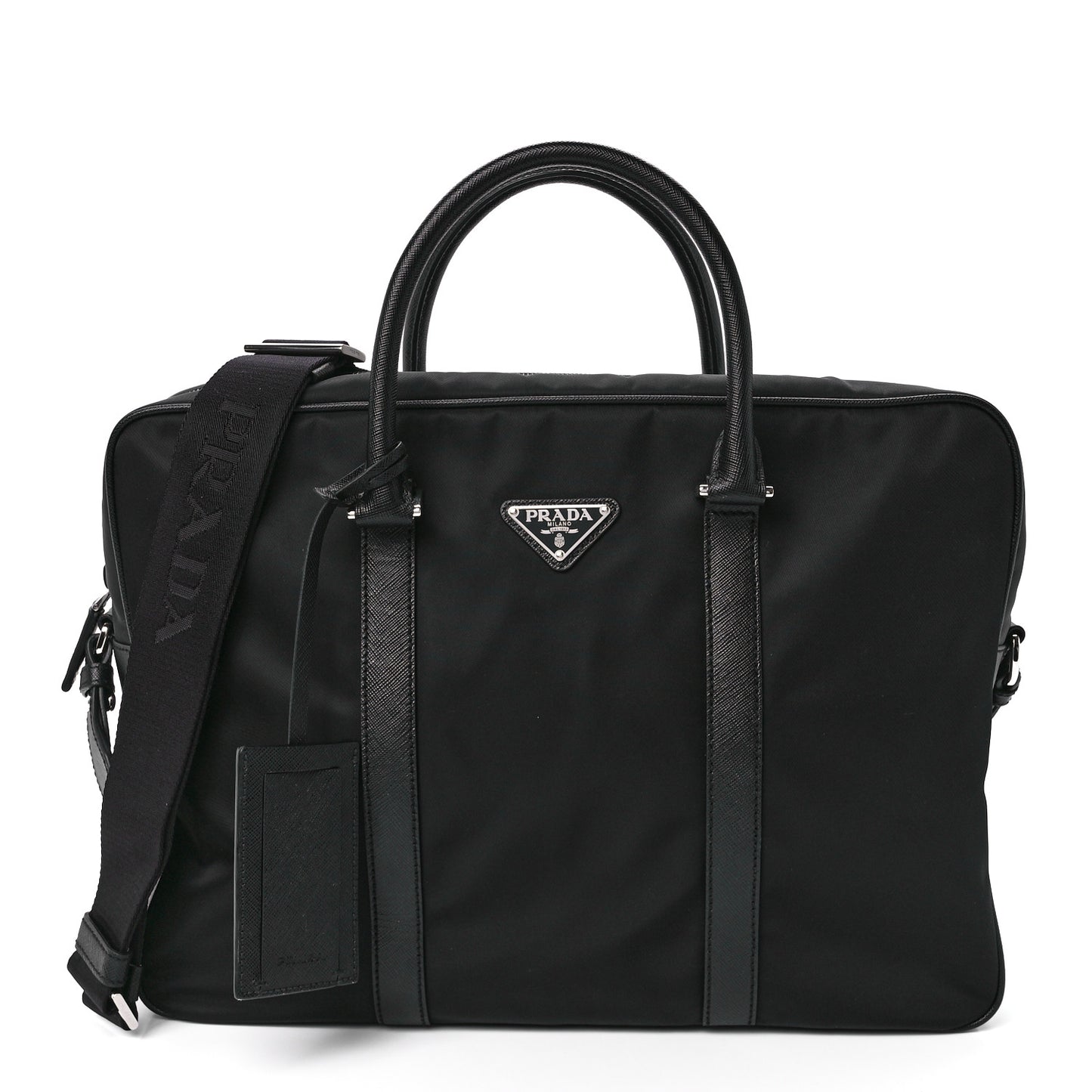 Tessuto Nylon Saffiano Metal Triangle Logo Work Bag Black