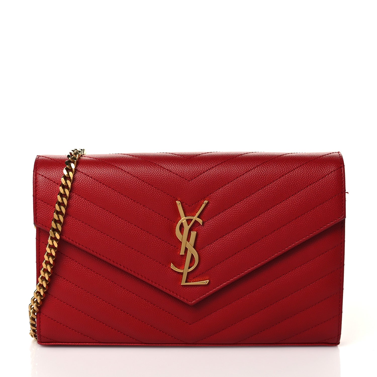 Saint Laurent Grain De Poudre Matelasse Chevron Monogram Envelope Chain Wallet New Red 1 of 9