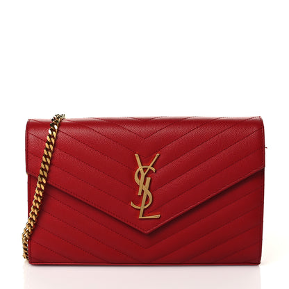 Saint Laurent Grain De Poudre Matelasse Chevron Monogram Envelope Chain Wallet New Red 1 of 9