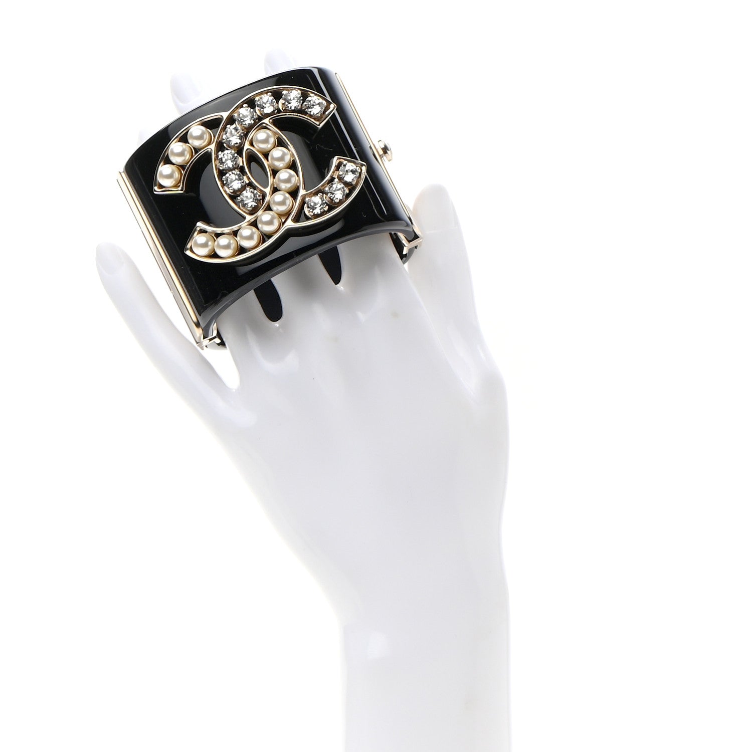 Chanel Resin Crystal Pearl CC Cuff Black 2 of 4