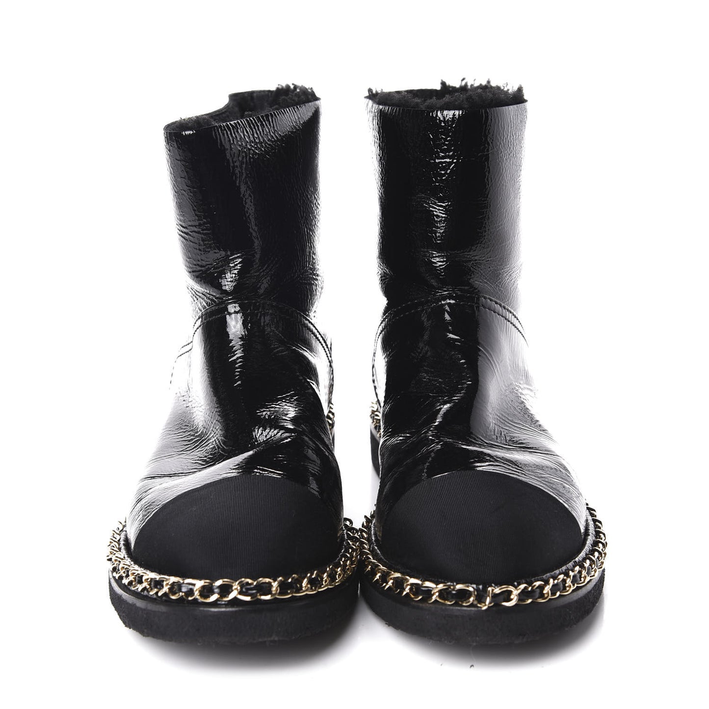 Crumpled Calfskin Shearling Womens Cap Toe Chain Short Boots 39 Black