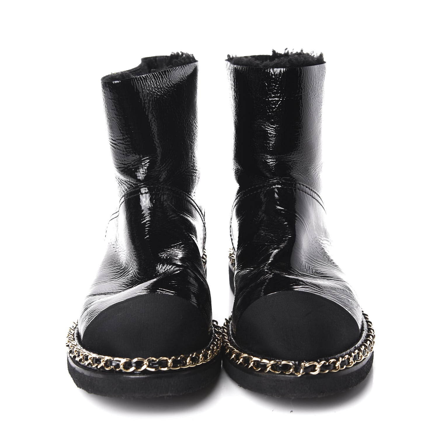 Chanel Crumpled Calfskin Shearling Womens Cap Toe Chain Short Boots 39 Black 2 of 9