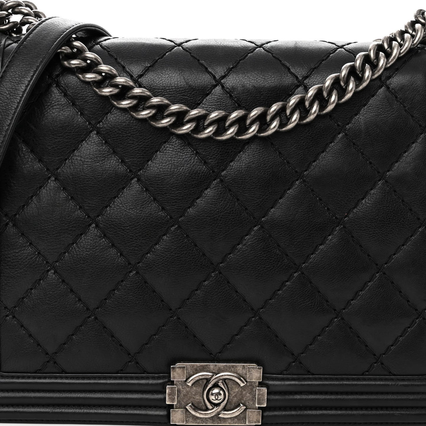 Calfskin Double Stitch Large Boy Flap Black