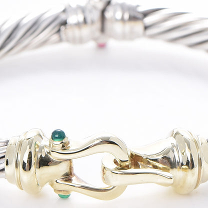 David Yurman Sterling Silver 14K Yellow Gold Green Onyx Pink Tourmaline 7mm Cable Buckle Bracelet 4 of 7