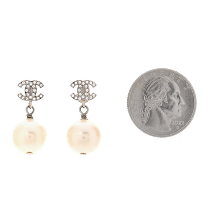 Chanel Crystal Pearl CC Drop Earrings Silver Pearly White 2 of 5