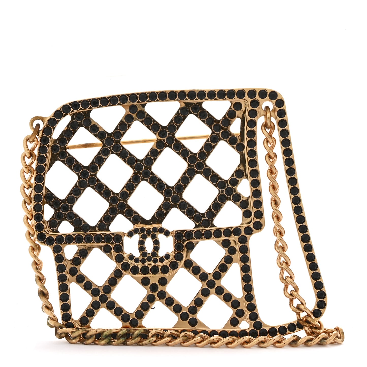 Metal Crystal Quilted Flap Bag Brooch Gold Black