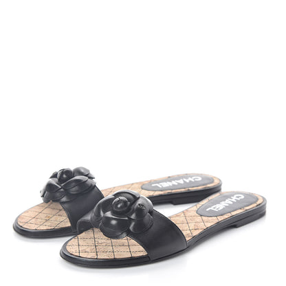 Chanel Lambskin Cork Camellia Sandals 37 Black 3 of 7