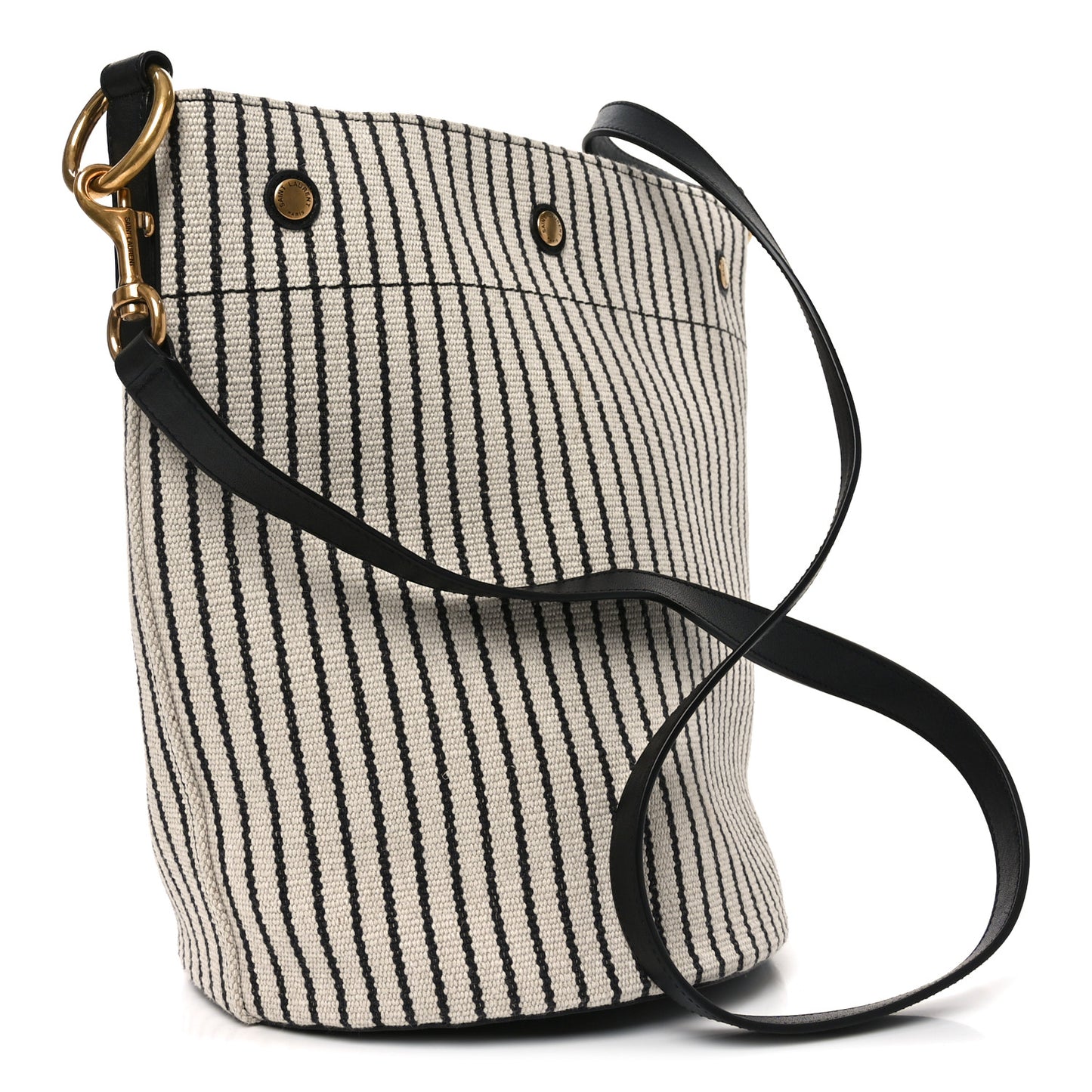 Linen Calfskin Striped Rive Gauche Bucket Bag Grey Cream Black