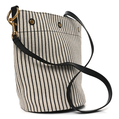 Saint Laurent Linen Calfskin Striped Rive Gauche Bucket Bag Grey Cream Black 4 of 11