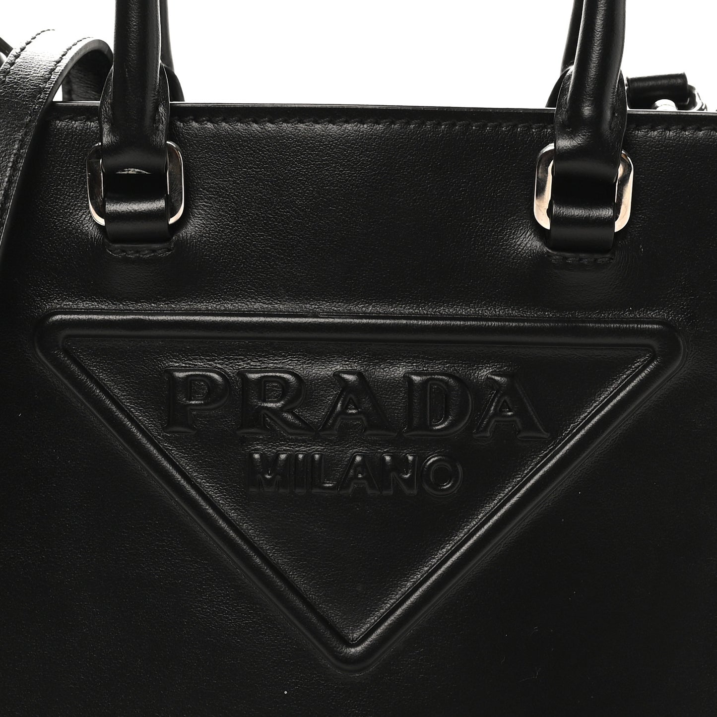 Soft Calfskin Triangle Logo Embossed Small Double Handle Crossbody Tote Black