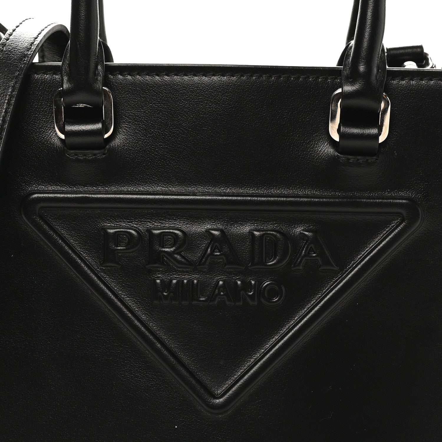 Prada Soft Calfskin Triangle Logo Embossed Small Double Handle Crossbody Tote Black 7 of 9