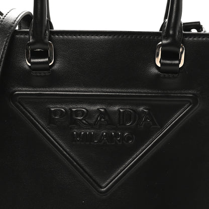 Prada Soft Calfskin Triangle Logo Embossed Small Double Handle Crossbody Tote Black 7 of 9