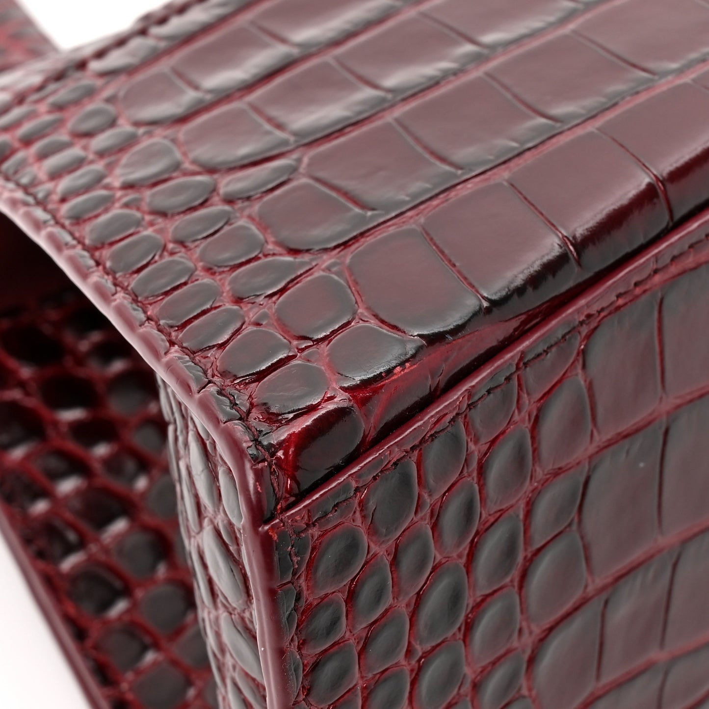 Shiny Calfskin Crocodile Embossed Small Hourglass Top Handle Bag Dark Red