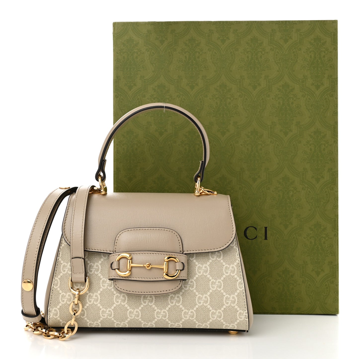 GG Supreme Monogram Azalea Calfskin Mini Horsebit 1955 Top Handle Flap Bag Beige Mystic White Oatmeal