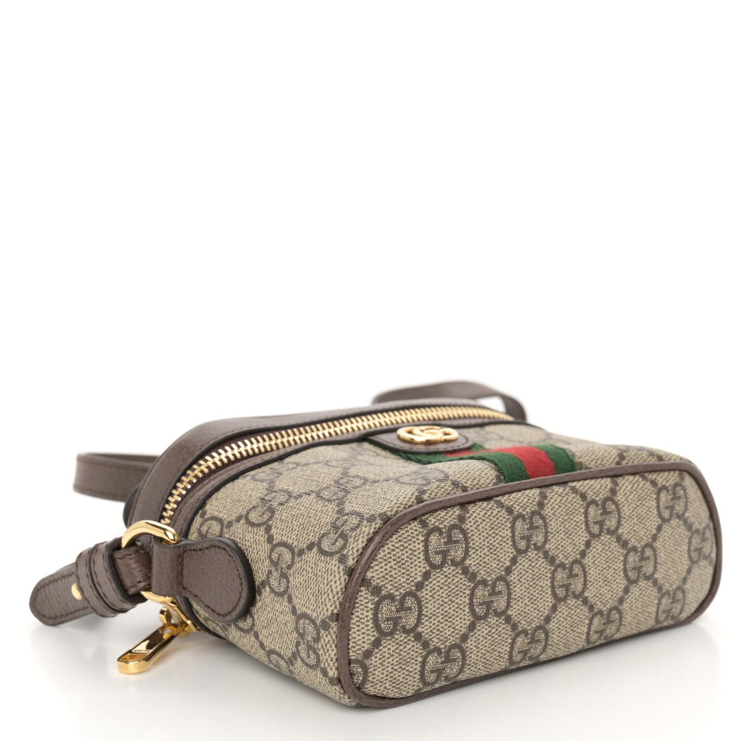 GG Supreme Monogram Textured Calfskin Web Mini Ophidia Top Handle Bag Beige Ebony New Acero