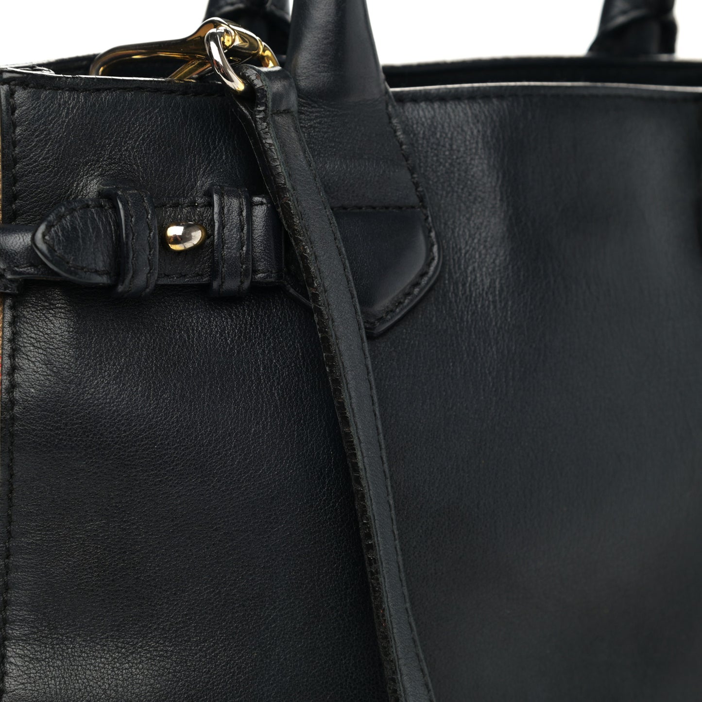 Calfskin House Check Small Banner Tote Black