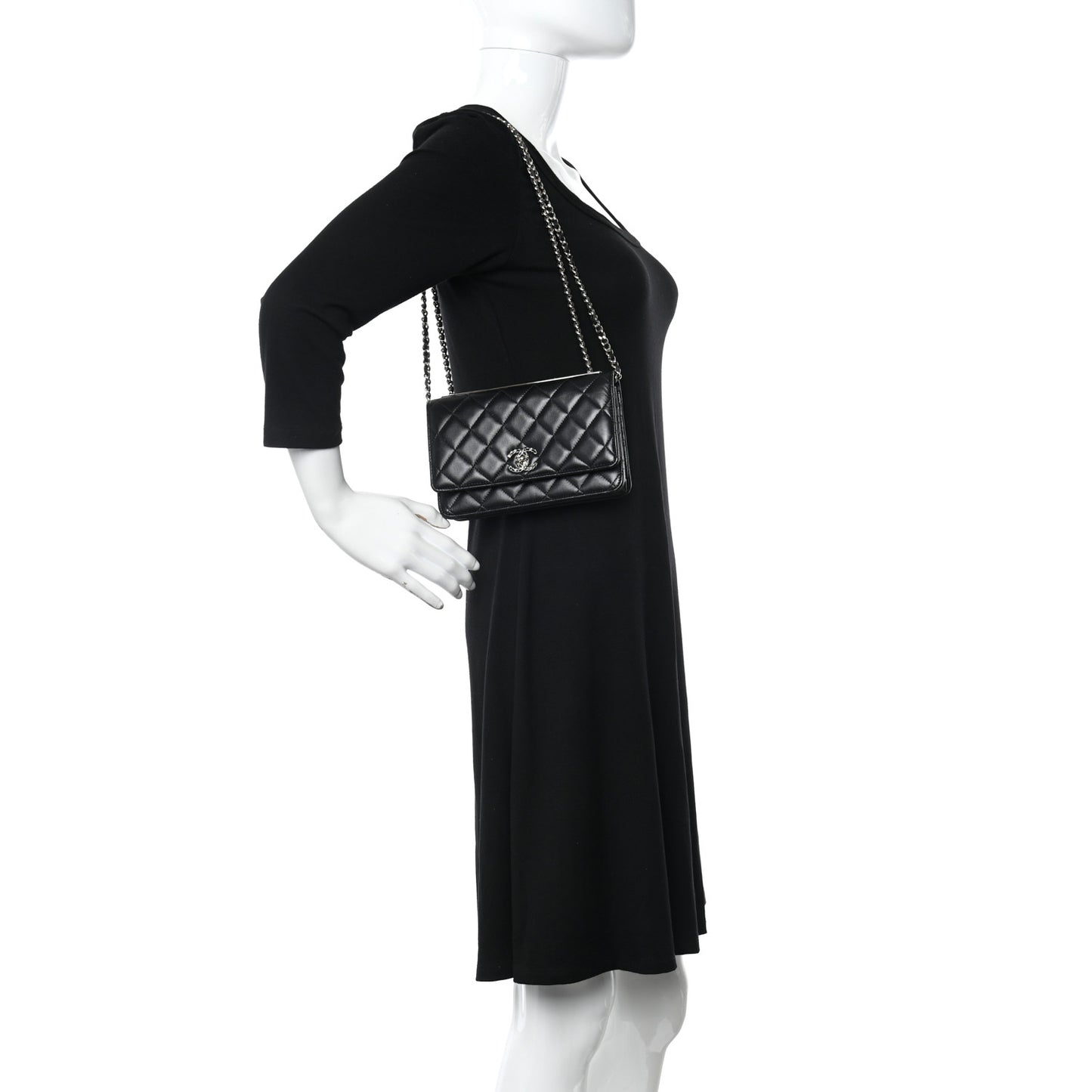 Lambskin Quilted Trendy Chain CC Wallet On Chain WOC Black