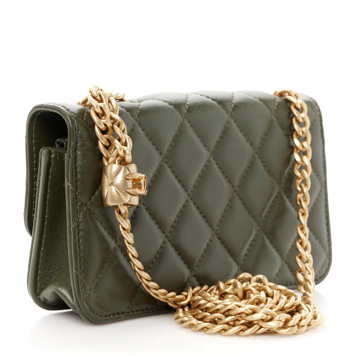 Lambskin Quilted Pillow Crush Flap Phone Holder With Chain Green