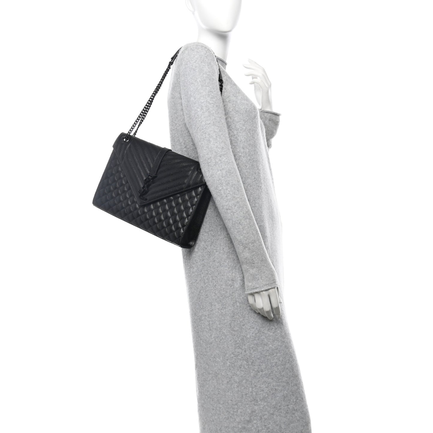 Grain De Poudre Textured Mixed Matelasse Large Triquilt Monogram Monochrome Satchel Black