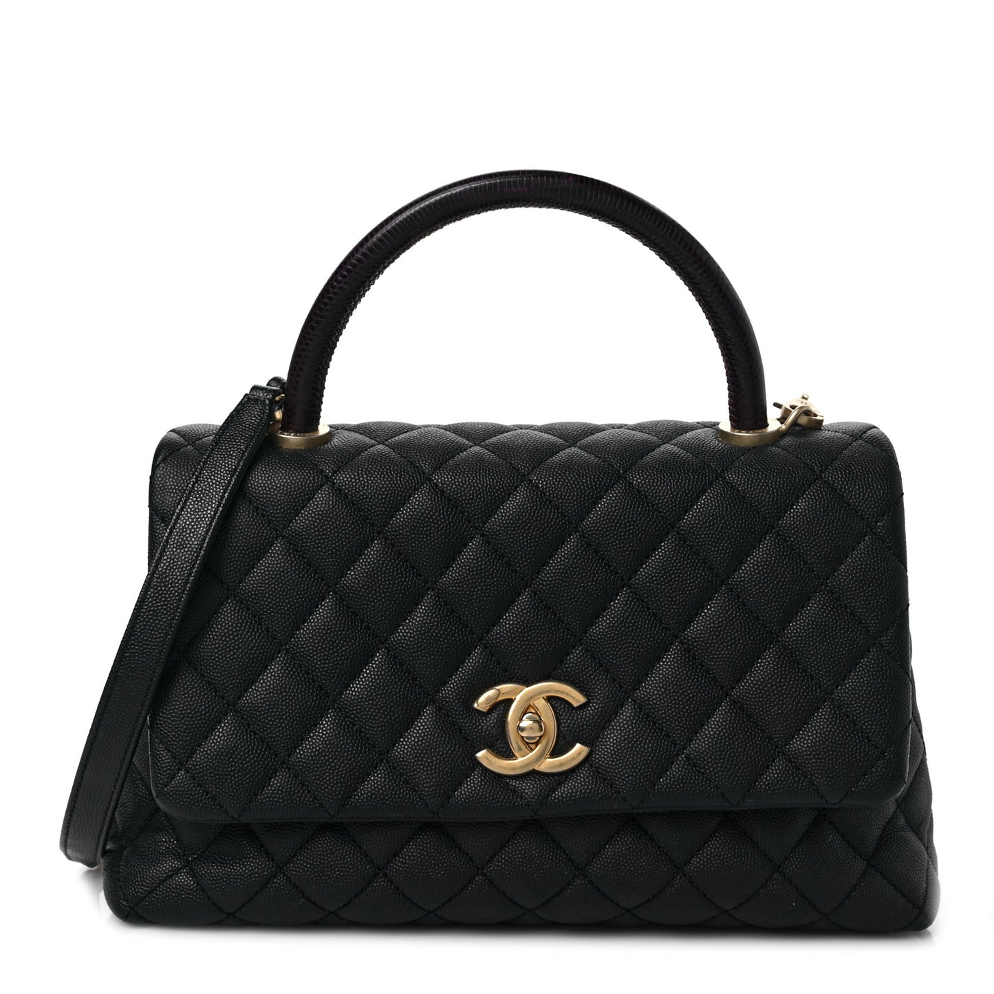 Caviar Lizard Embossed Quilted Small Coco Handle Flap Black
