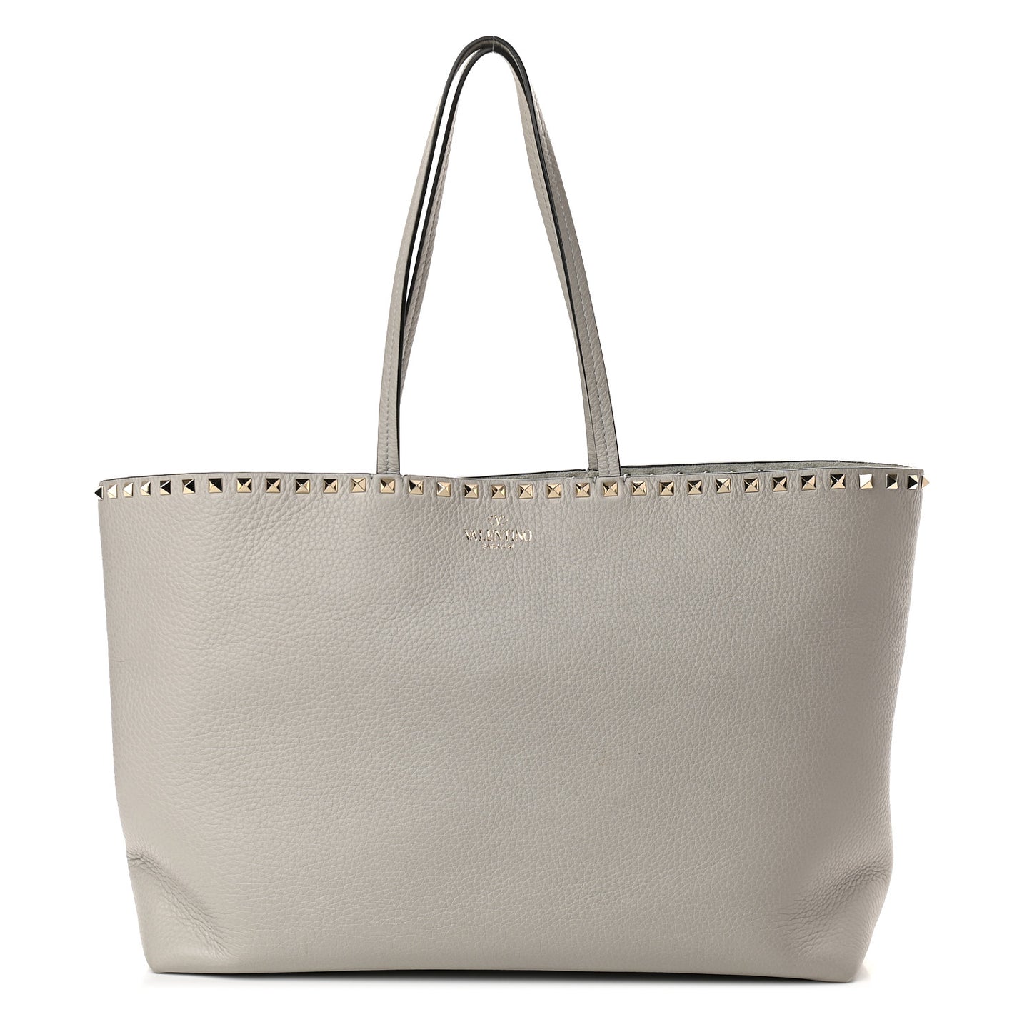 Grained Calfskin Rockstud Shoulder Tote Pastel Grey
