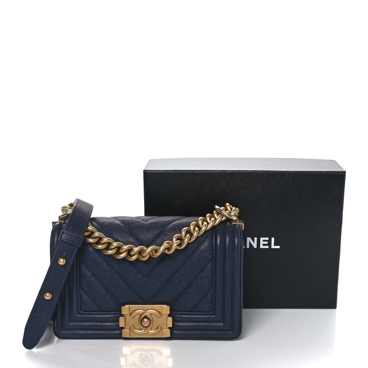 Chanel Caviar Chevron Quilted Small Boy Flap Navy Blue 11 of 11