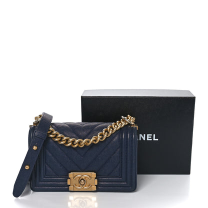 Chanel Caviar Chevron Quilted Small Boy Flap Navy Blue 11 of 11