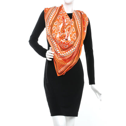 Hermes Silk Eperon D'Or Bandana Scarf 140 Orange Noir Blanc 2 of 7