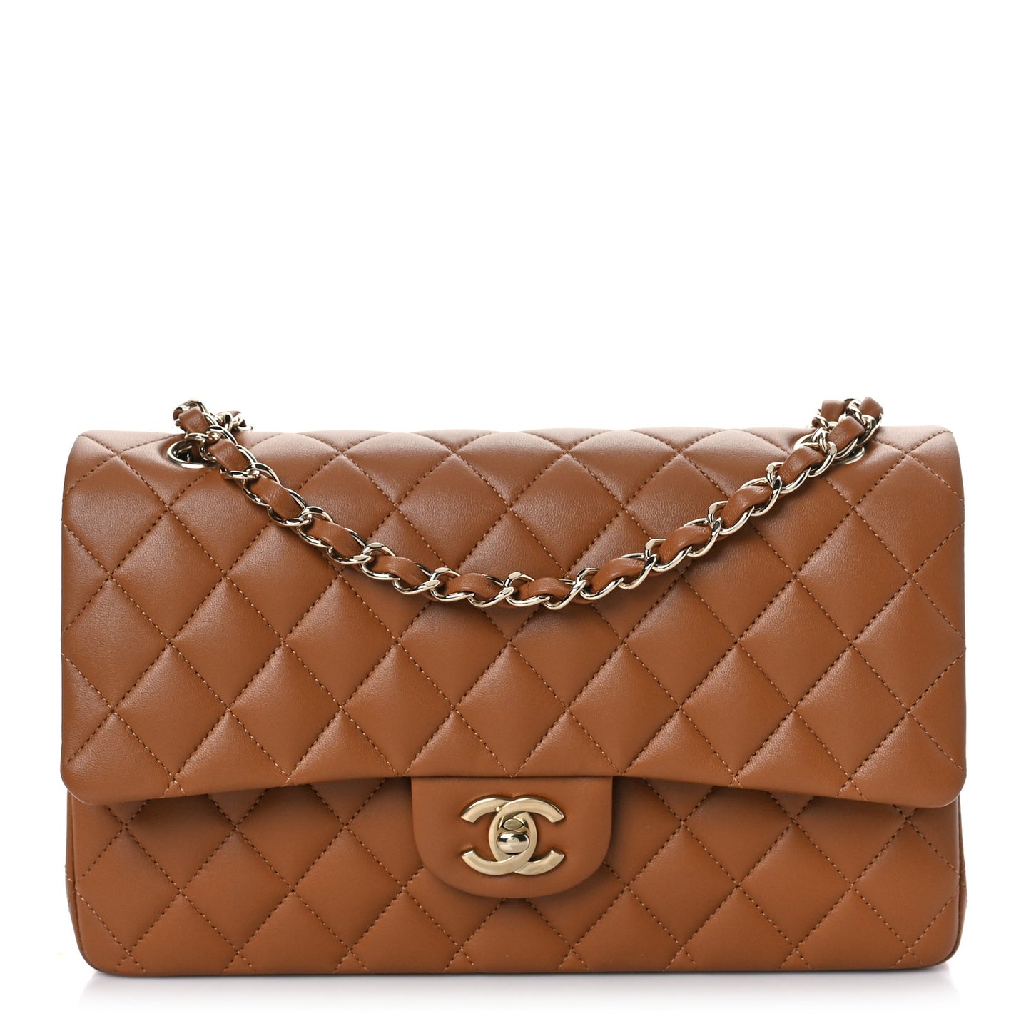 Lambskin Quilted Medium Double Flap Camel