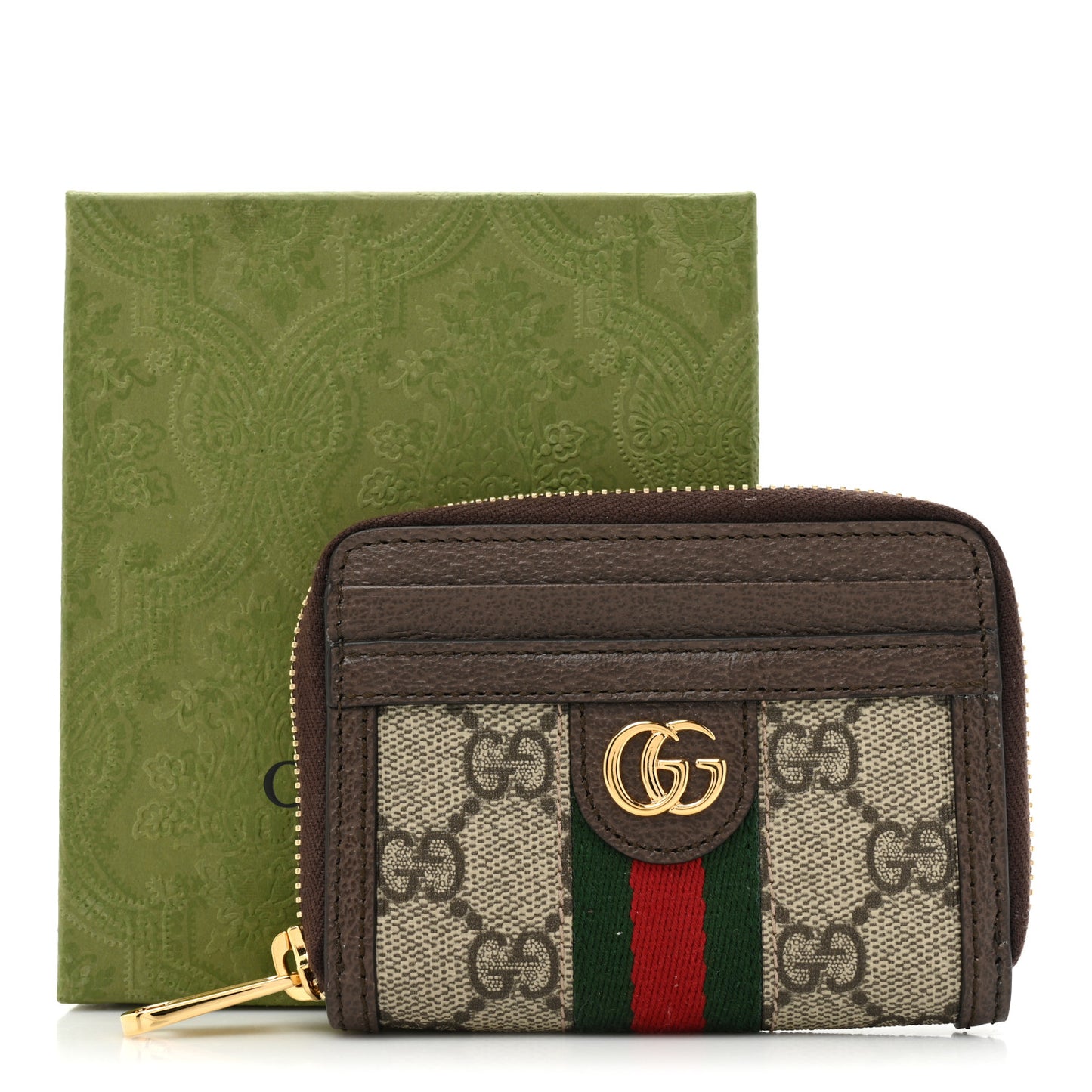 GG Supreme Monogram Textured Dollar Calfskin Web Ophidia Zip Around Card Case Wallet Beige Ebony New Acero
