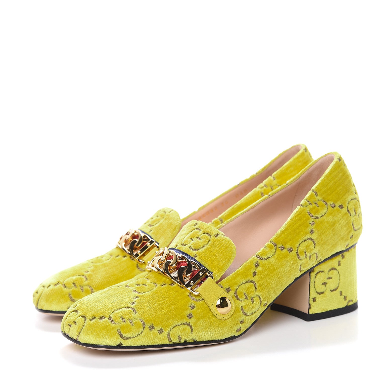 Gucci Velvet GG Monogram Sylvie Web Chain Mid Heel Loafers 36 Sunny Beige 3 of 11