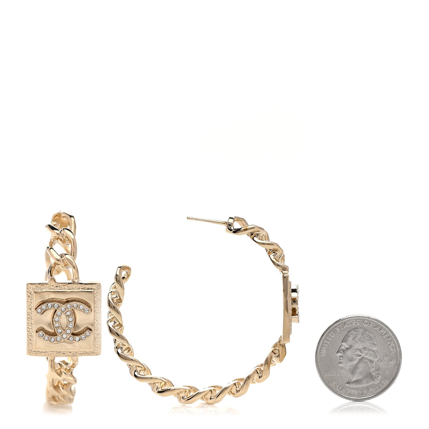 Metal Crystal CC Square Chain Hoop Earrings Gold