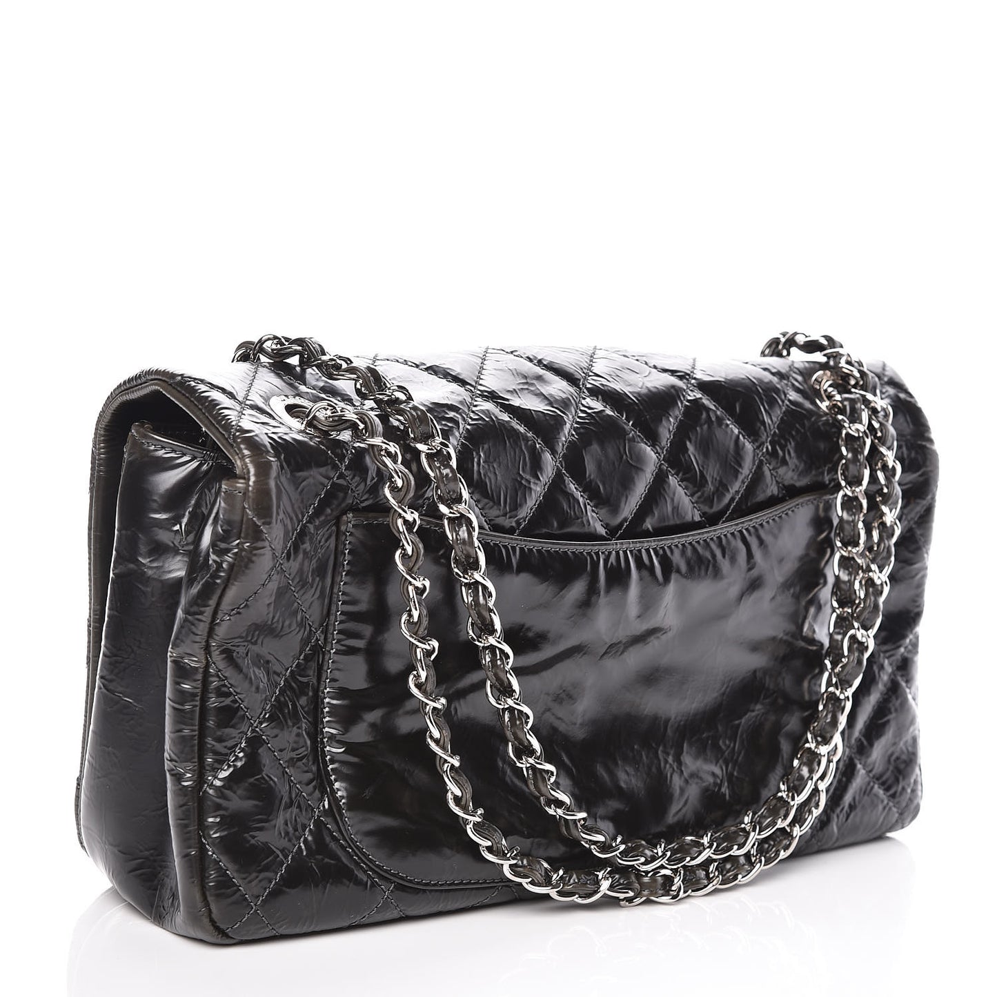 Glazed Calfskin Quilted CC Single Flap Black