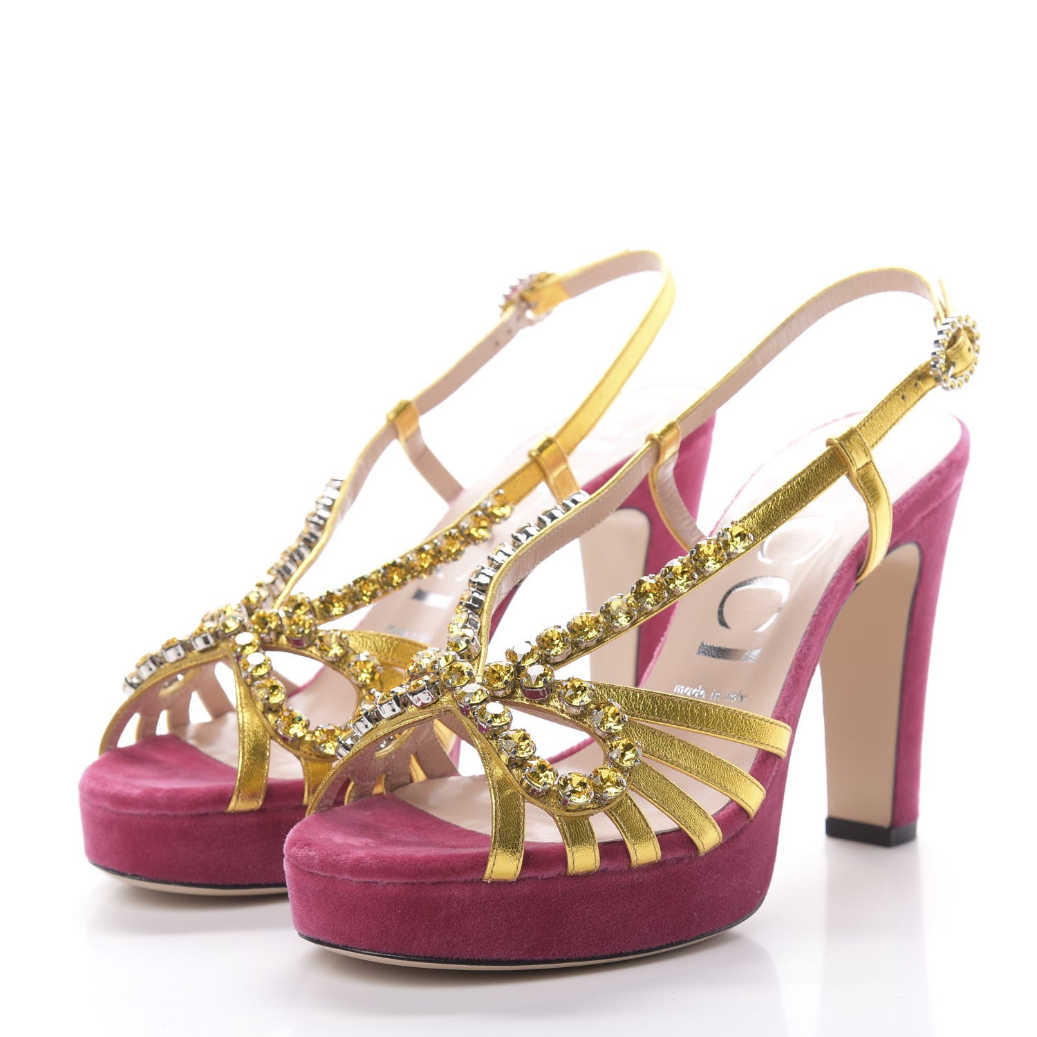 Gucci Velvet Nappa Crystal Zephyra Slingback Platform High Heel Sandals 38.5 Pink Gold 3 of 9