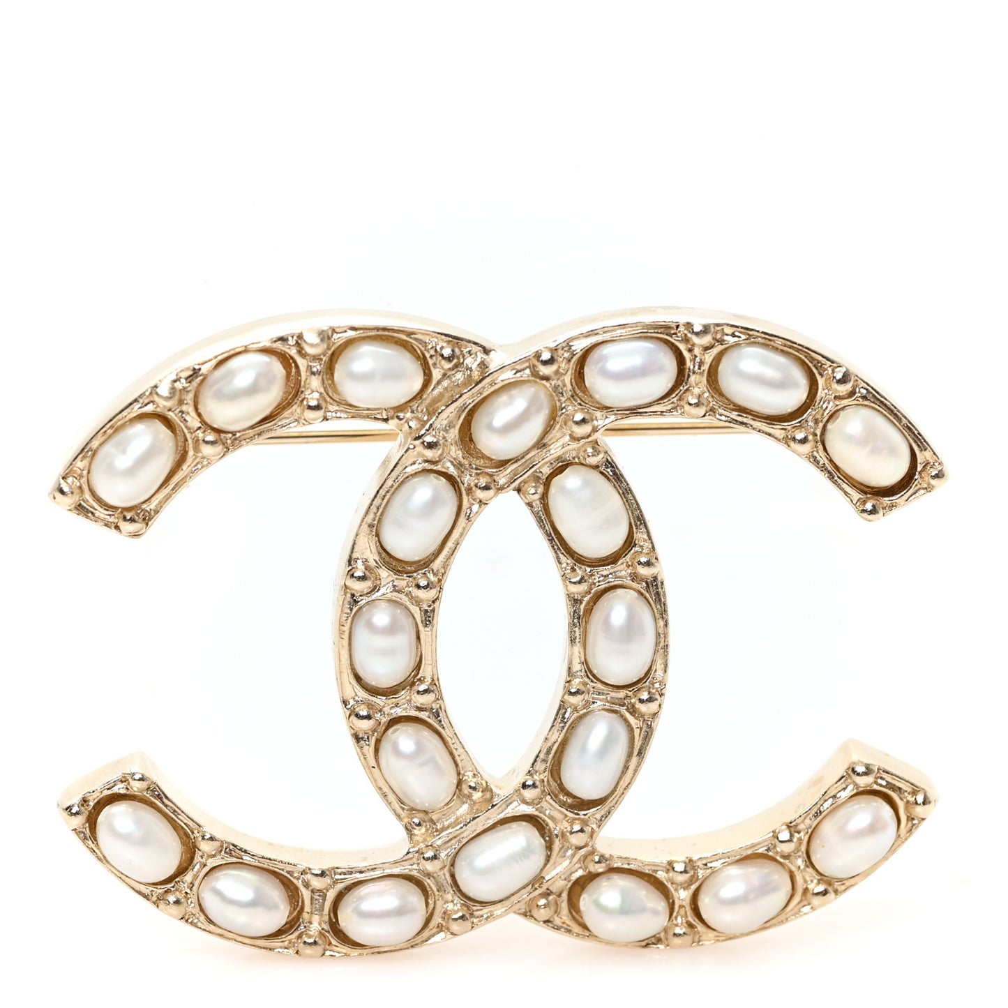 Pearl Studded CC Brooch Pin Gold