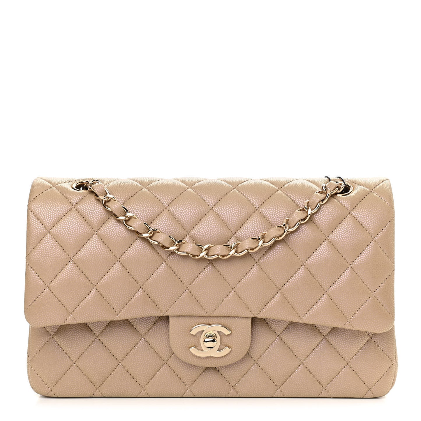 Iridescent Caviar Quilted Medium Double Flap Dark Beige
