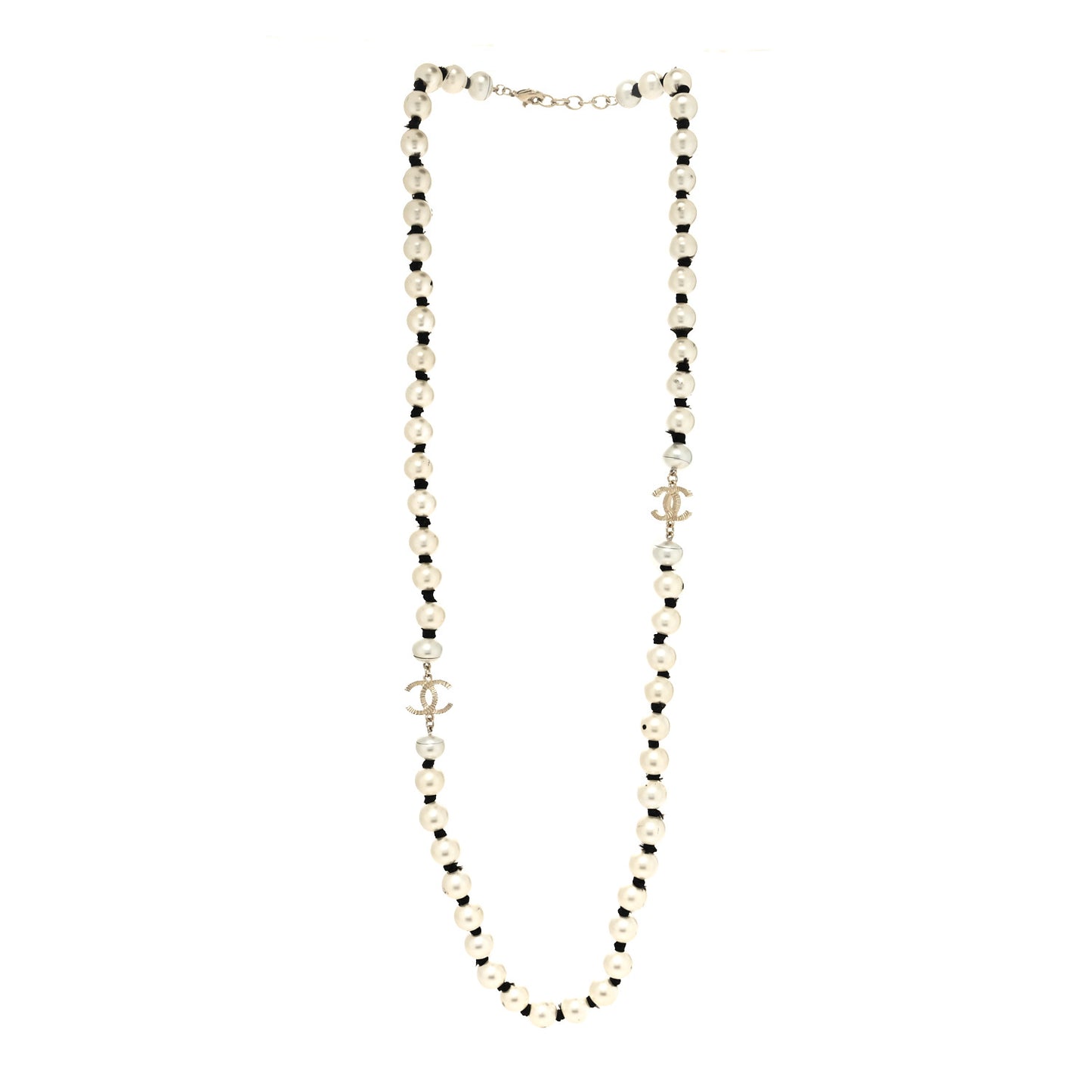 Pearl Grosgrain CC Long Necklace Gold