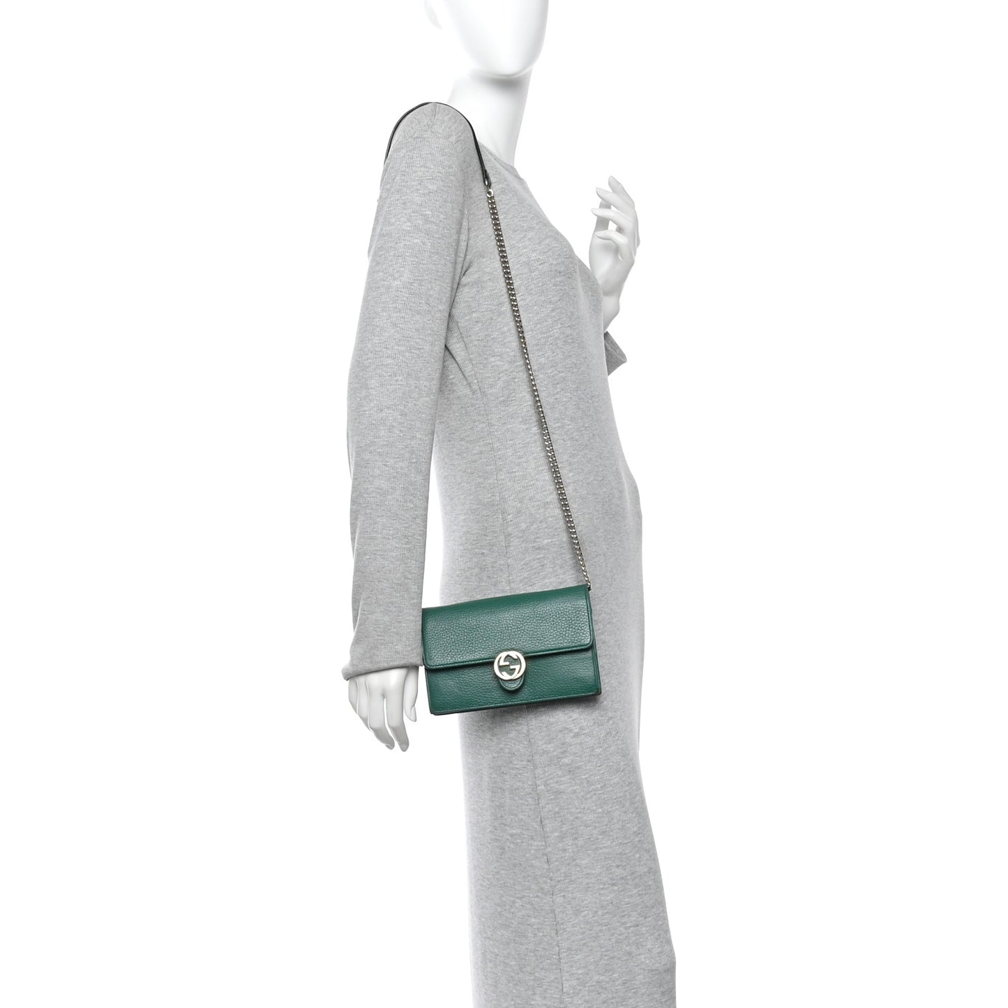 Dollar Calfskin Interlocking G Chain Wallet Emerald