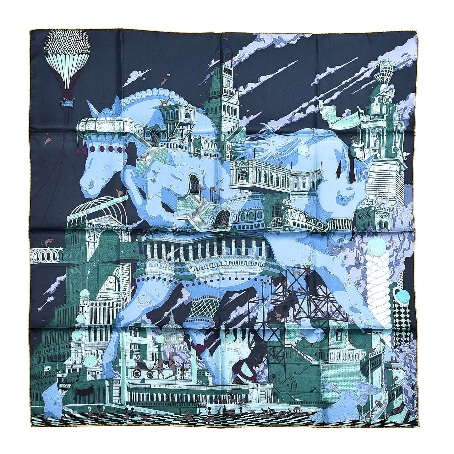 Silk Hippopolis Scarf 90 Bleu Nuit Vert