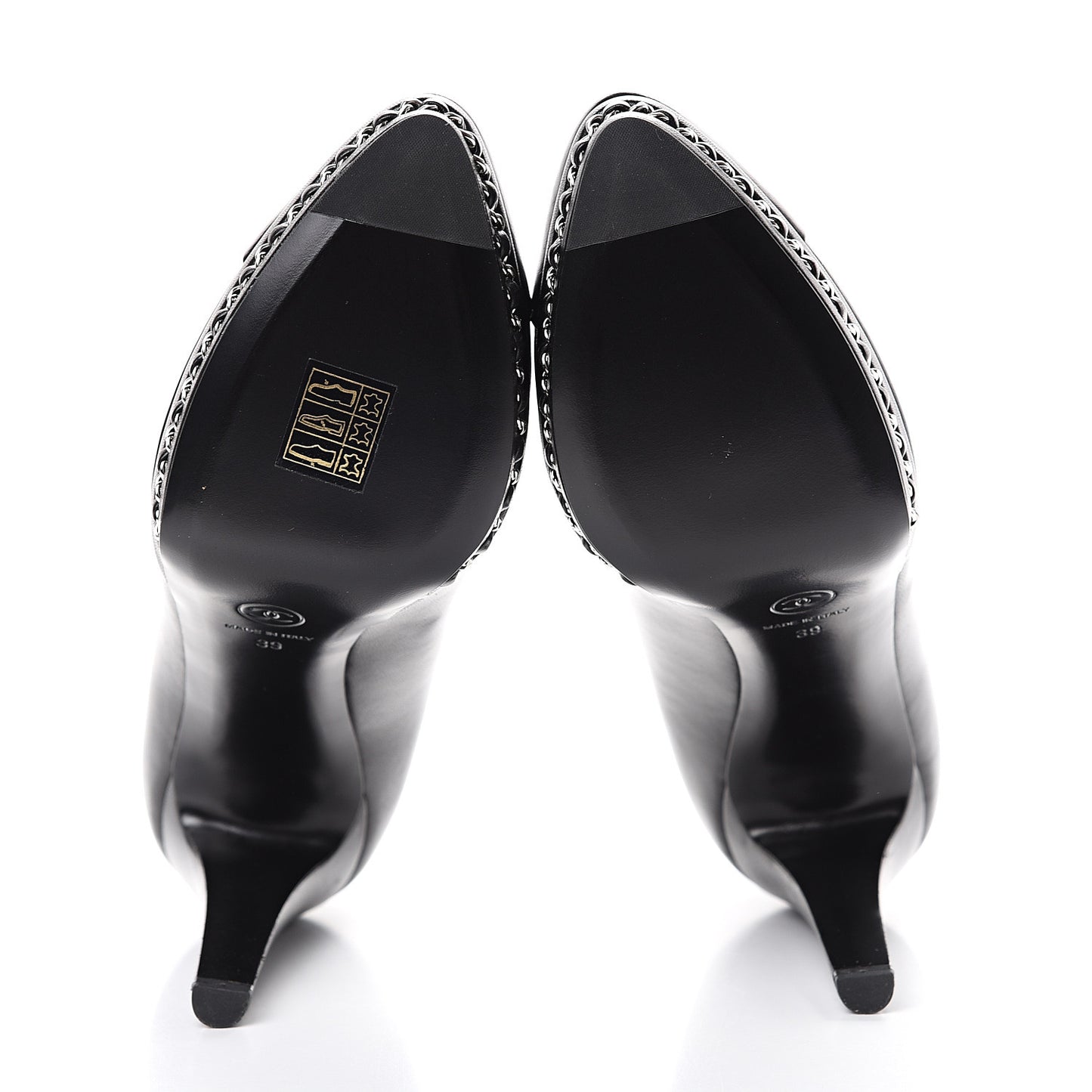 Lambskin CC Cap Toe Platform Chain Pumps 39 Black