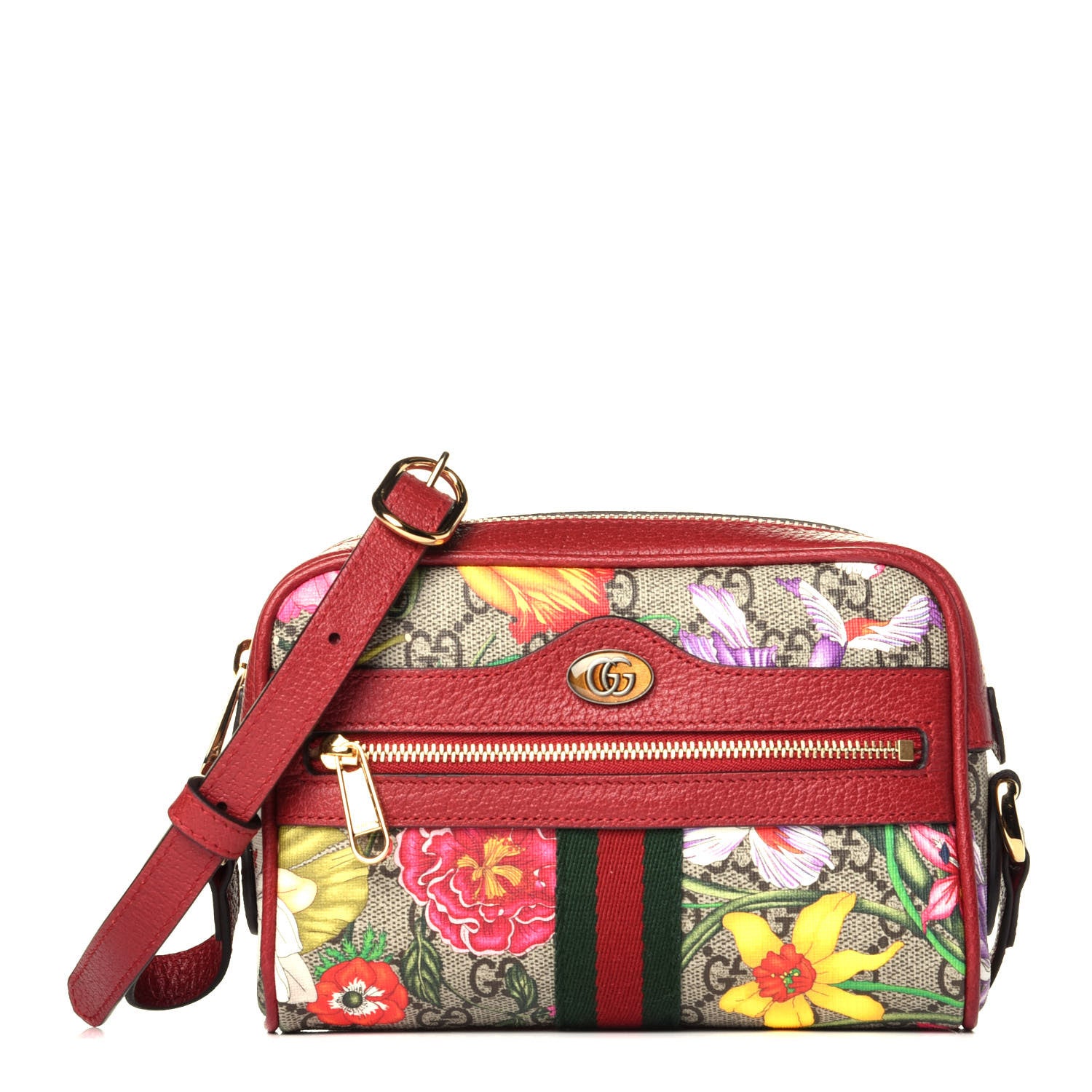 Gucci GG Supreme Monogram Flora Web Mini Ophidia Shoulder Bag Red 1 of 9