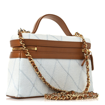 Chanel Denim Calfskin Quilted Coco Beach Top Handle Long Vanity Blue Brown 3 of 12