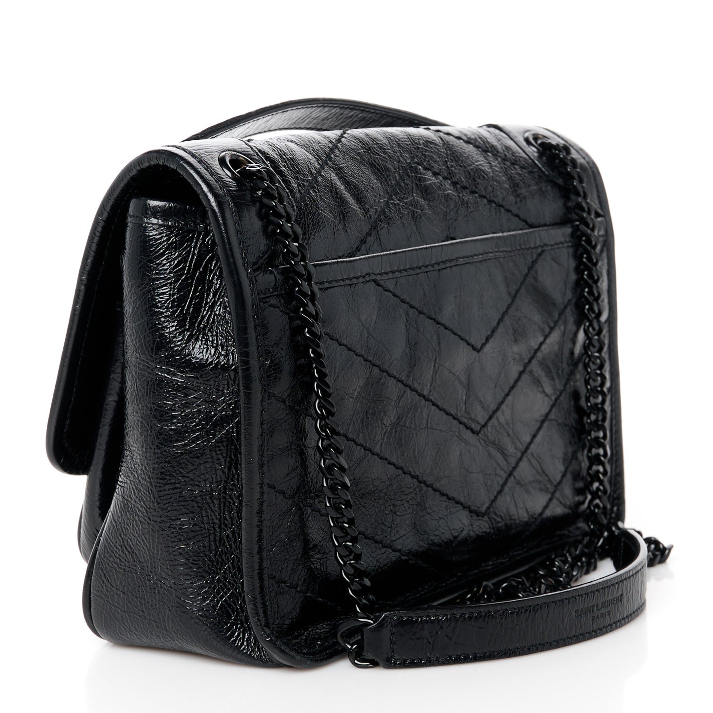 Crinkled Calfskin Matelasse Monogram Baby Niki Chain Satchel Black