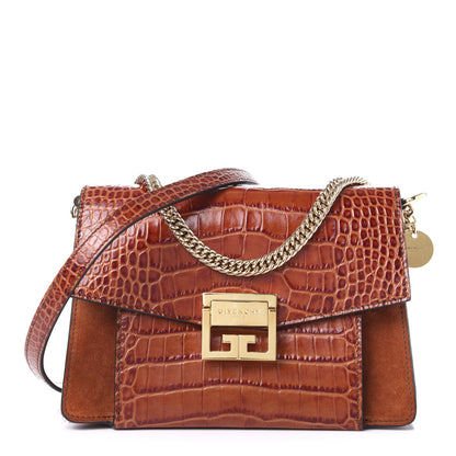 Givenchy Calfskin Crocodile Embossed Suede Small GV3 Shoulder Bag Cognac 1 of 9