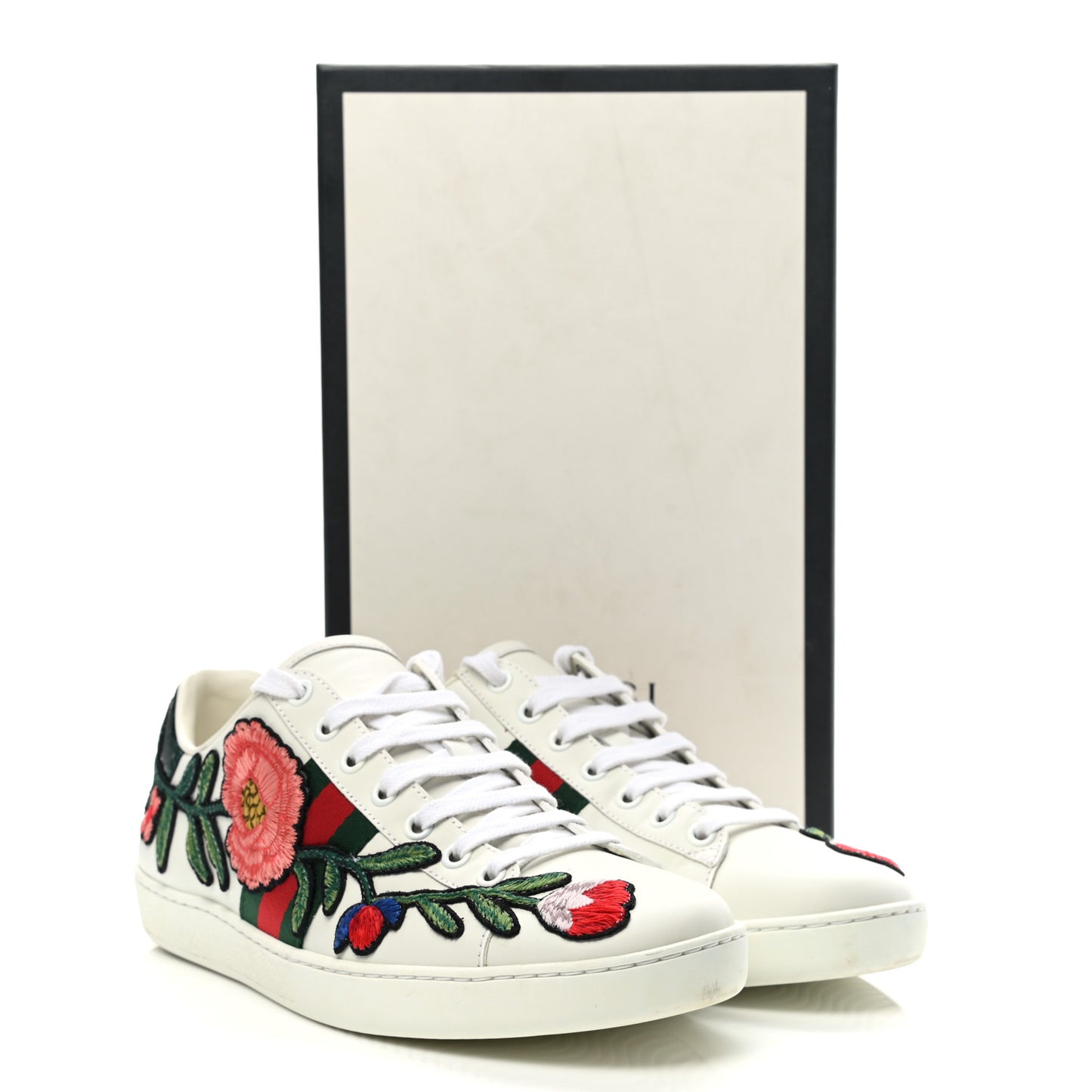 Calfskin Web Floral Embroidered Womens Ace Sneakers 39 White